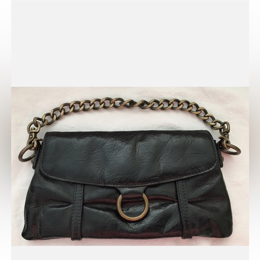 HOBO INTERNATIONAL Black Glazed Leather Clutch Small Purse Bag-MINT